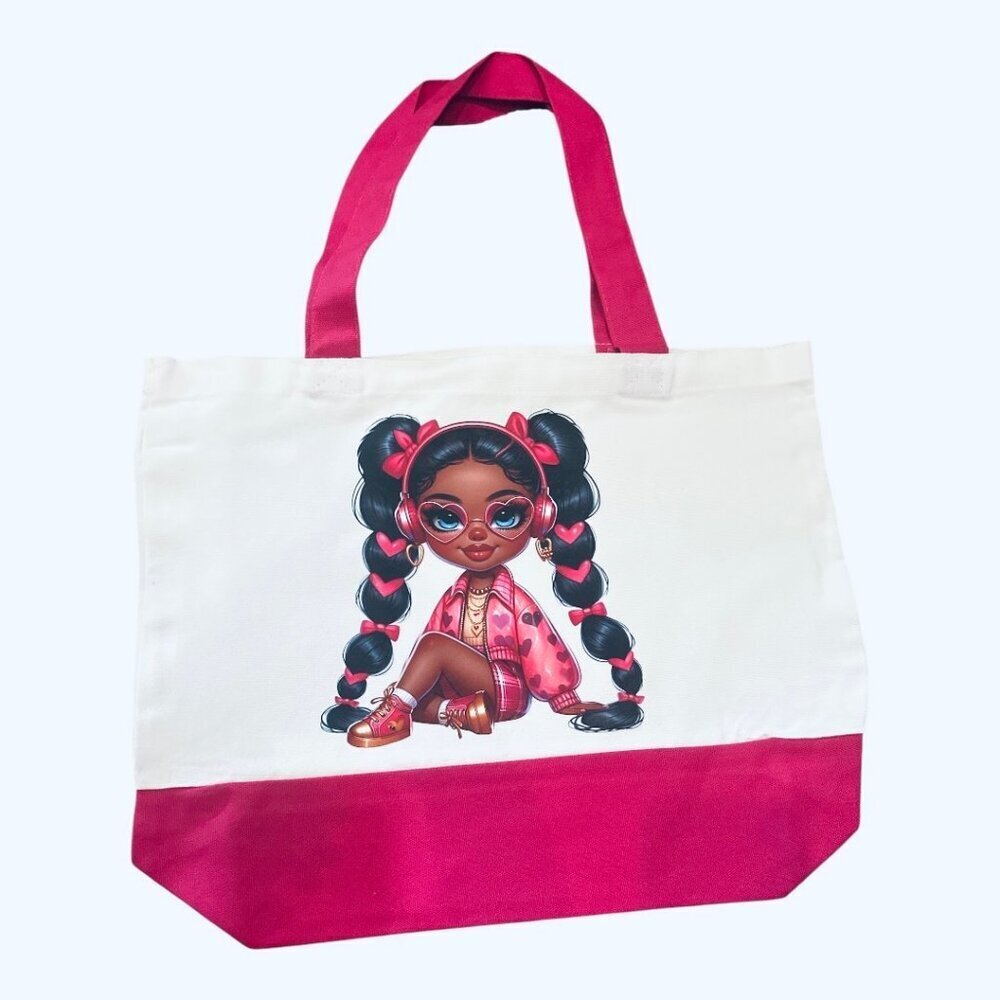 Large Magenta & White with Trendy Girl Graphic Canvas Tote  - New